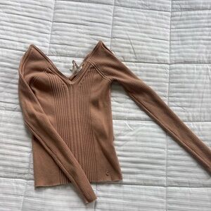 Guess Off-the-Shoulder Ribbed Sweater in Camel Brown